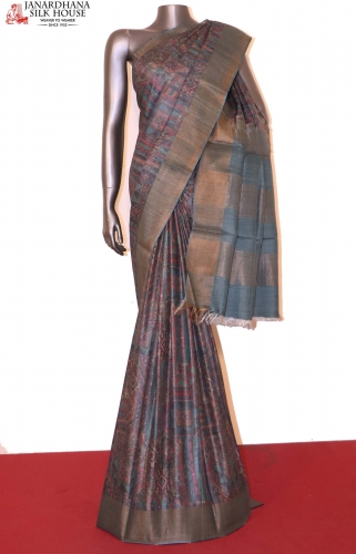 Handloom Printed Tussar Silk Saree